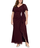 Alex Evenings Plus Flutter-Sleeve Embellished-Trim Gown