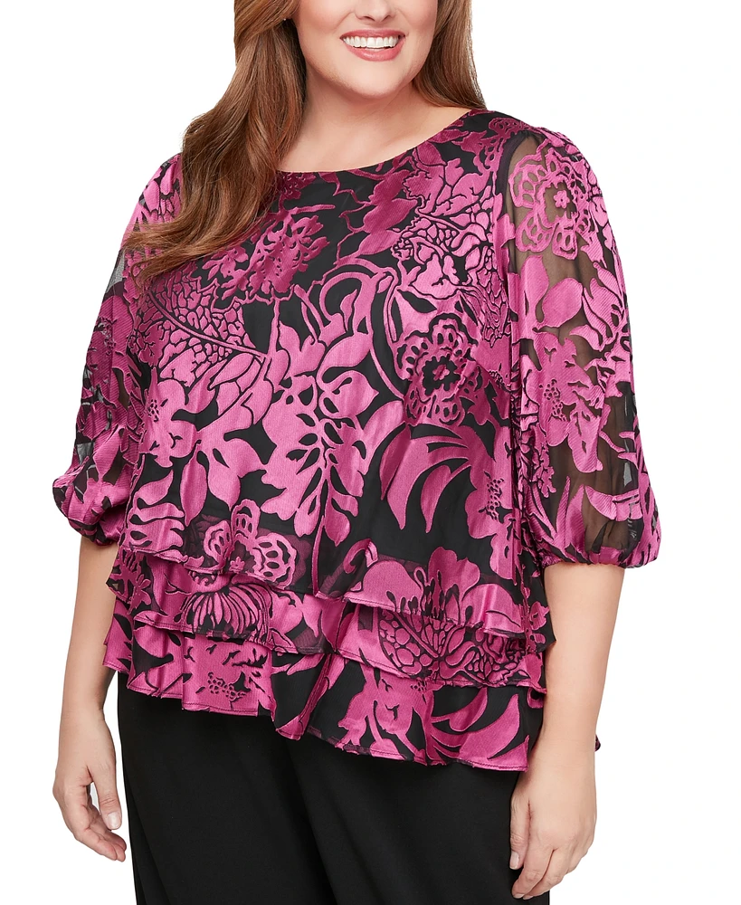 Alex Evenings Plus Floral-Print 3/4-Sleeve Blouse