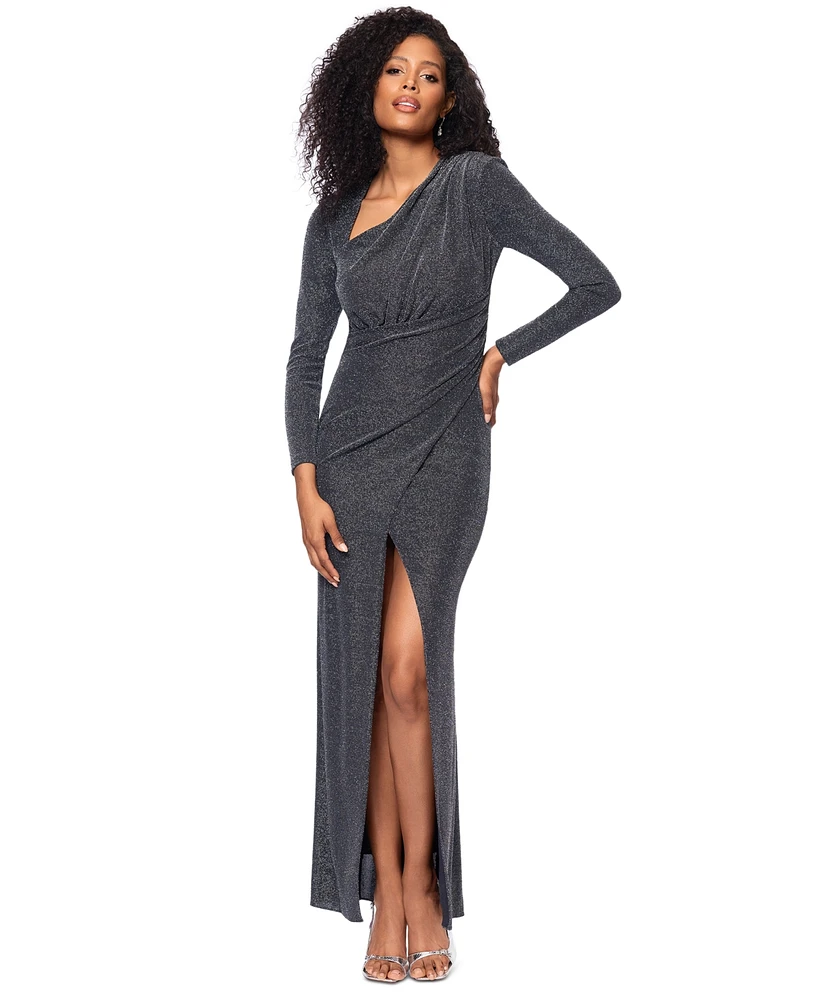 Betsy & Adam Women's Metallic Asymmetric Long-Sleeve Gown