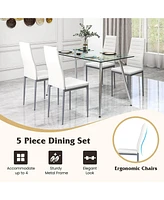 Gymax 5 Pcs 51'' Rectangle Dining Set 0.3'' Thick Glass Table w/ 4 Padded Dining Chairs