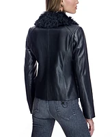 Julia & Stella by Maximilian Women's Leather Jacket with Curly Lamb Collar