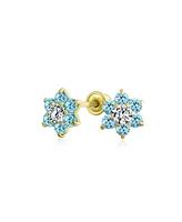 Bling Jewelry Tiny Light Blue Aqua Cz Flower Stud Earrings For Women For Cubic Zirconia 14K Gold Screw back