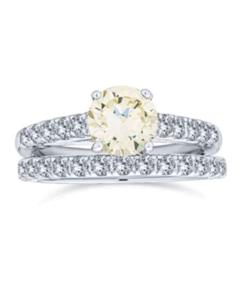Bling Jewelry 1 Ct Canary Yellow Cubic Zirconia Round Princess Cut Solitaire Cathedral Setting Thin Eternity Pave Band Cz Ring Set .925 Sterling Silver
