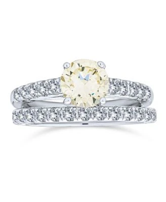 Bling Jewelry 1 Ct Canary Yellow Cubic Zirconia Round Princess Cut Solitaire Cathedral Setting Thin Eternity Pave Band Cz Ring Set .925 Sterling Silver