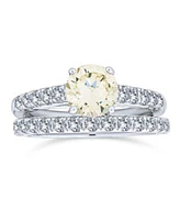 Bling Jewelry 1 Ct Canary Yellow Cubic Zirconia Round Princess Cut Solitaire Cathedral Setting Thin Eternity Pave Band Cz Ring Set .925 Sterling Silver