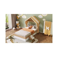 Slickblue Upholstered Twin Size House Bed with Curtains in White and Brown – Cozy Design for Kids' Bedrooms, Offering a Fun and Playful Sleepin