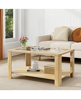 Gymax 2-Tier Coffee Table w/ Tempered Glass Tabletop & Storage Shelf Rounded Corners