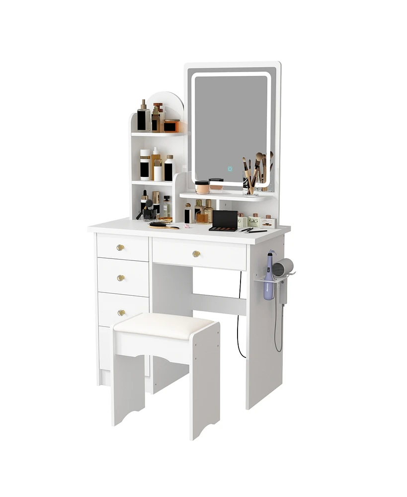 Famapy 5-Drawers White Makeup Vanity Sets Dressing Table Sets With Stool, Led Lighted Mirror, Power Strip and Hair Dryer Holder