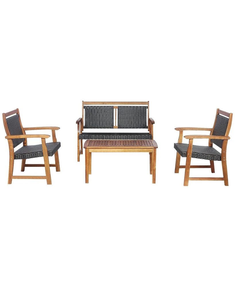 Sugift 4 Pieces Outdoor Patio Rattan Furniture Conversation Sets with Acacia Wood Frame