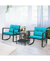 Sugift 3 Pieces Cushioned Patio Rattan Set with Rocking Chair and Table