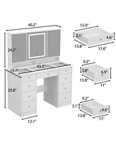 Homsee White Makeup Vanity Desk 9 Drawers Wood Dressing Table With 3 Mirrors, Glass Top, Hidden Storage Shelves, Led Lighted