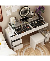 Famapy White Makeup Vanity Sets Wood Dressing Desk With 5-Drawers, See-Through Glass Top, Round Led Dimmable Mirror and Stool