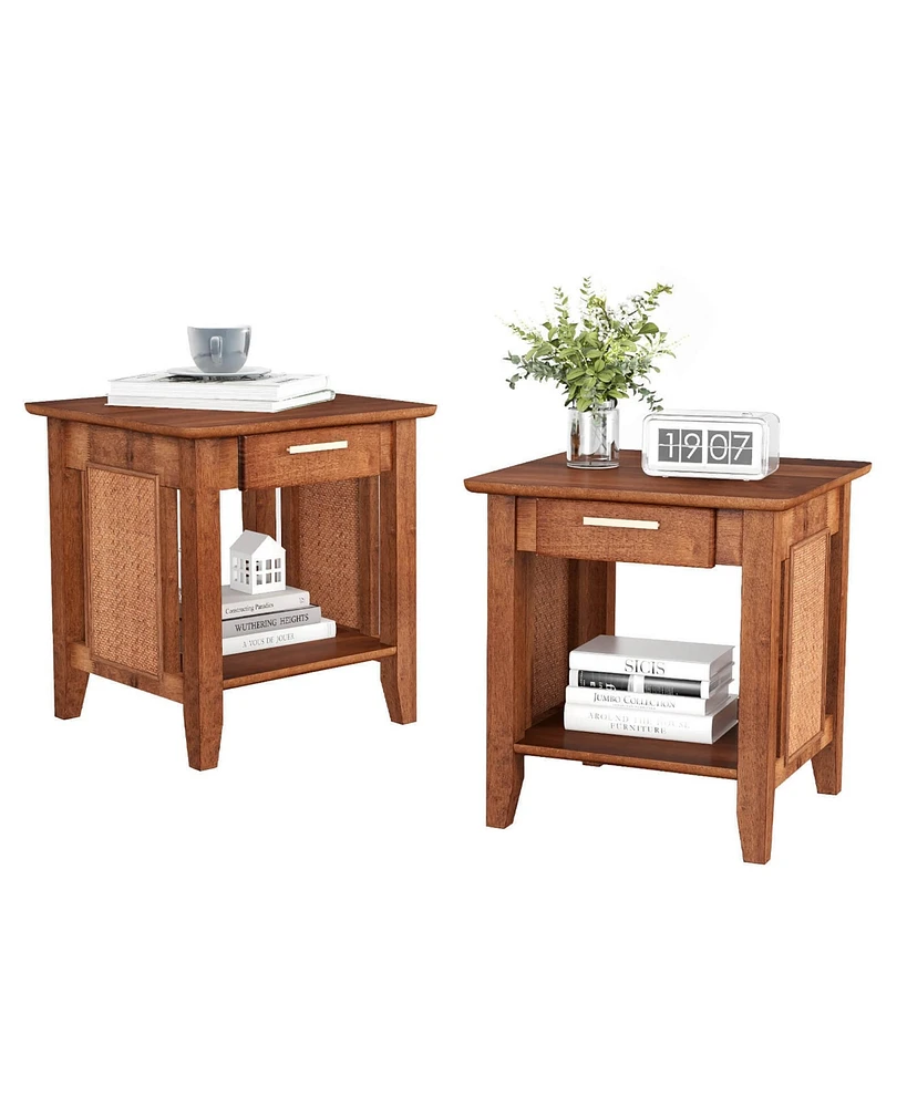 Gymax 2PCS Boho Style Nightstand 3-Tier Sofa Side End Table w/ Drawer & Shelf Walnut