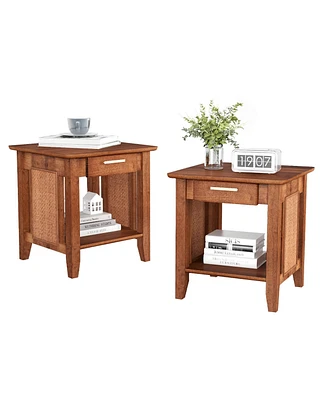 Gymax 2PCS Boho Style Nightstand 3-Tier Sofa Side End Table w/ Drawer & Shelf Walnut