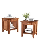 Gymax 2PCS Boho Style Nightstand 3-Tier Sofa Side End Table w/ Drawer & Shelf Walnut