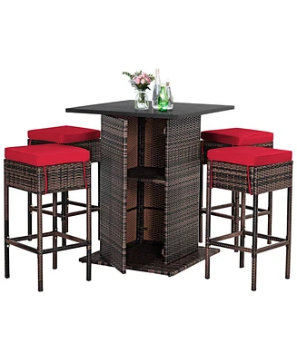 Skonyon 5 Pieces Patio Rattan Bar Furniture Set with Cushions and Hidden Storage Shelf