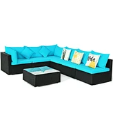 Sugift 7 Pieces Sectional Wicker Furniture Sofa Set with Tempered Glass Top-Blue