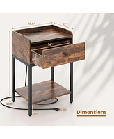 Gymax Nightstand Side End Table w/ Charging Station Drawer Open Shelf for Small Space