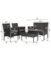 Sugift 4 Pieces Patio Rattan Cushioned Sofa Set with Tempered Glass Coffee Table-Grey & Off White