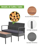 Sugift 4 Pieces Rattan Patio Conversation Furniture Set with Acacia Wood Tabletop