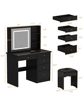 Famapy 5-Drawers Black Wood Led Push-Pull Mirror Makeup Vanity Sets Dressing Table Sets with Stool and 3-Tier Storage Shelves