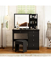 Famapy 5-Drawers Black Wood Led Push-Pull Mirror Makeup Vanity Sets Dressing Table Sets with Stool and 3-Tier Storage Shelves