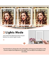 Homsee White Makeup Vanity Table Dressing Desk 3-Mirrors,Led Lighted, 9-Drawers, Hidden Storage Shelves, Carved Metal Handles