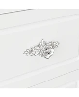 Famapy White Makeup Vanity Table Dressing Desk W/3-Mirrors,Lighted Mirror, Drawers, Hidden Storage Shelves Carved Metal Handles