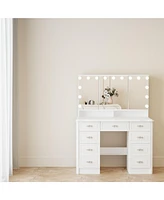Famapy White Makeup Vanity Table Dressing Desk W/3-Mirrors,Lighted Mirror, Drawers, Hidden Storage Shelves Carved Metal Handles