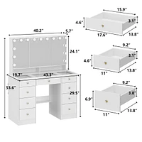 Famapy White Makeup Vanity Desk 9 Drawers Wood Dressing Table With 3 Led Bulb Light Mirrors, Glass Top, Hidden Storage Shelves