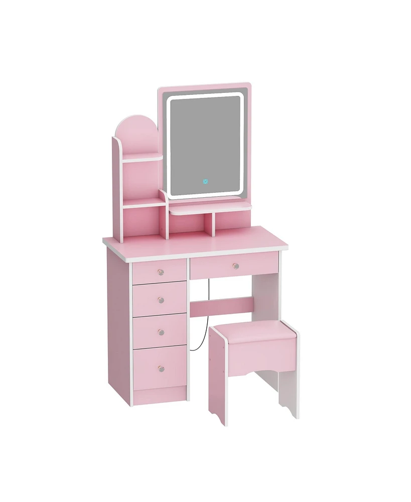 Homsee 5-Drawers Pink Makeup Vanity Sets Dressing Table with Stool, Mirror, Led Light and 3-Tier Storage Shelves