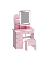 Homsee 5-Drawers Pink Makeup Vanity Sets Dressing Table with Stool, Mirror, Led Light and 3-Tier Storage Shelves