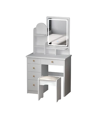 Homsee 5-Drawers Pink Makeup Vanity Sets Dressing Table Sets with Stool, Mirror, Led Light and 3-Tier Storage Shelves