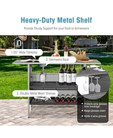 Sugift Outdoor Patio Wicker Bar Table with Metal Shelves
