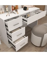 Famapy 5-Drawers White Wood Makeup Vanity Table Dresser Sets Dressing Desk with Led Mirror and Open Shelves