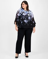 Kasper Plus Cascading Floral Ruffle-Sleeve Blouse