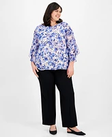 Kasper Plus Floral-Print Ruffled Blouse