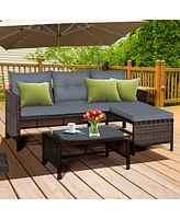 Sugift 3 Pieces Outdoor Patio Corner Rattan Sofa Set-Grey