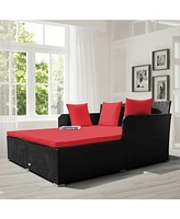 Sugift Spacious Outdoor Rattan Daybed with Upholstered Cushions and Pillows