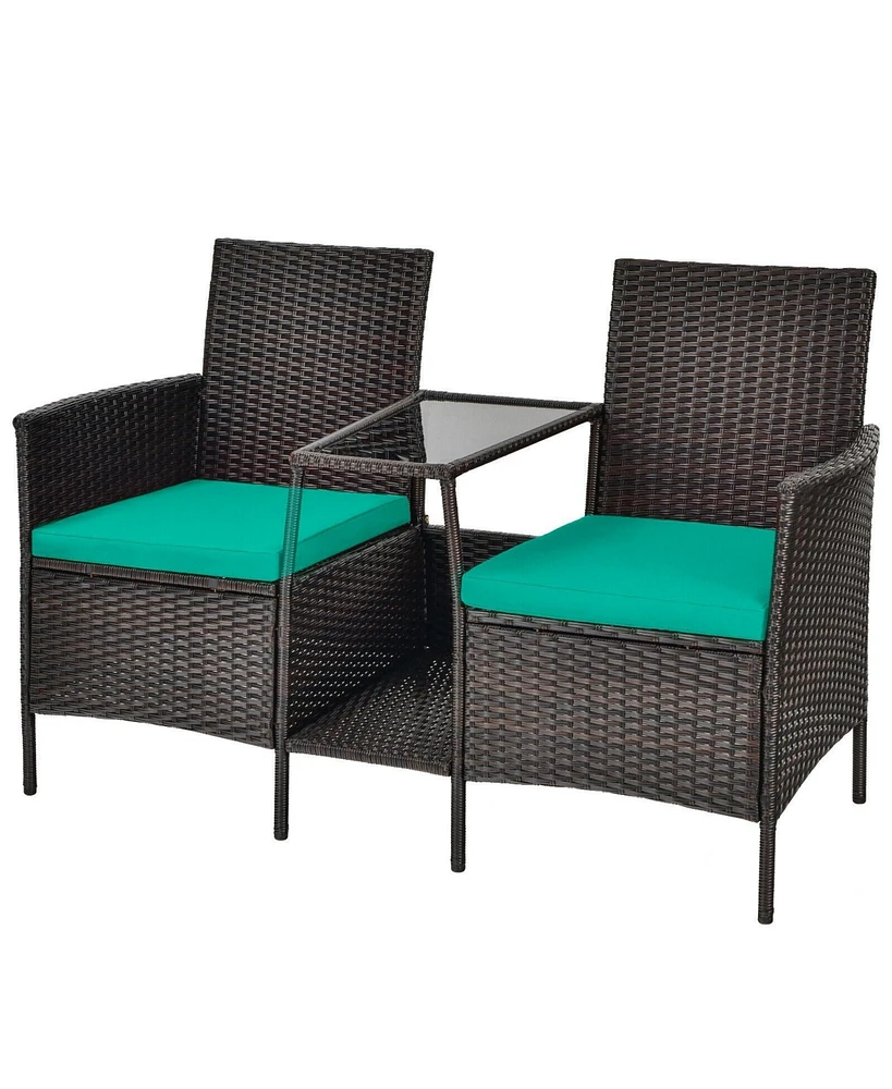 Sugift Rattan Patio Conversation Set Cushioned with Glass Table