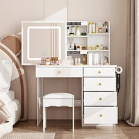 Famapy White Makeup Vanity Set Dresser Table with Dimmable Lighted Mirror, Power Strip and Hair Dryer Holder, 5-Drawers, Stool