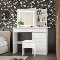 Famapy 5-Drawers White Makeup Vanity Sets Dressing Table Sets with Led Dimmable Mirror, Stool and 3-Tier Storage Shelves