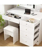 Famapy 5-Drawers White Makeup Vanity Sets Dressing Table Sets with Led Dimmable Mirror, Stool and 3-Tier Storage Shelves