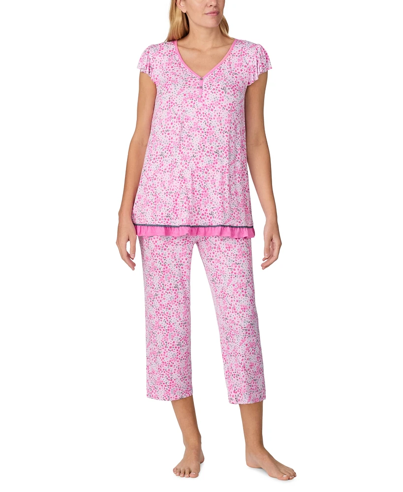 Ellen Tracy Women's Cropped Flutter-Sleeve Floral Pajama Set
