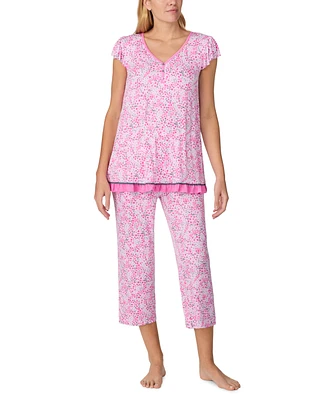 Ellen Tracy Women's Cropped Flutter-Sleeve Floral Pajama Set