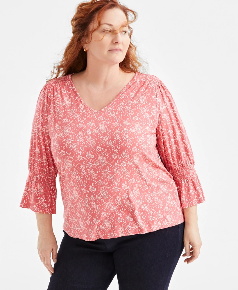 Style & Co Plus Printed Smocked-Trim 3/4-Sleeve Top, Exclusively at Macy's