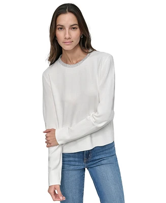 Dkny Jeans Petite Embellished Trim Knit Top