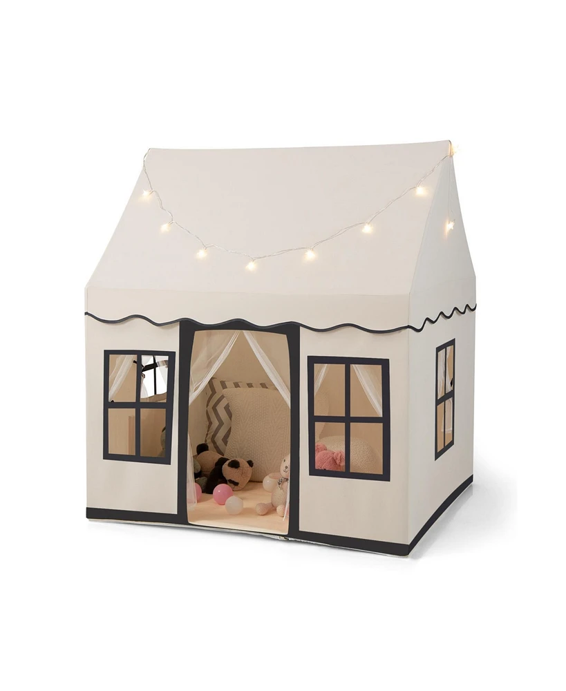 Gouun Toddler Large Playhouse with Star String Lights-Beige