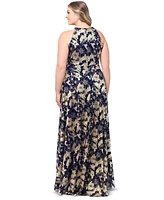 Betsy & Adam Plus Size Floral Foil Print Halter-Neck Gown