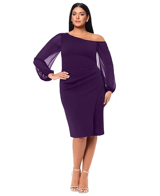 Betsy & Adam Plus Scuba Sheer-Sleeve Midi Dress